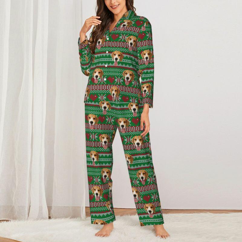 Pyjama personnalisé avec photo d'animal de compagnie personnalisée, design de style pixel d'amour de Noël, cadeau parfait pour la famille