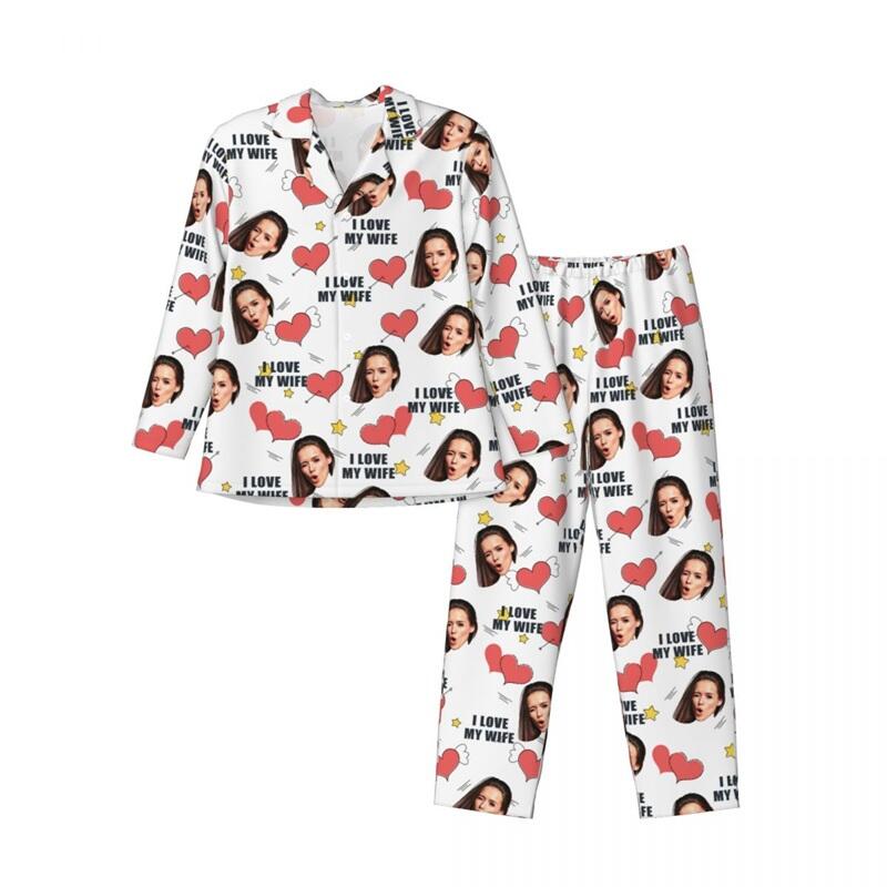 Personalized Pajamas Custom Face Photo I Love You Cute Hearts Design Perfect Gift for Couples