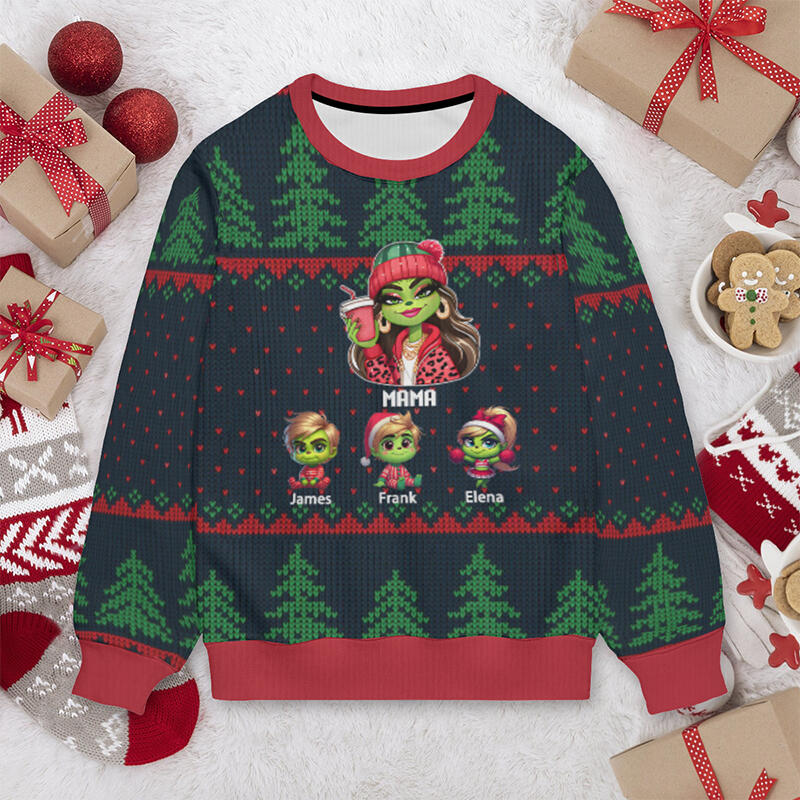 Personalisierter hässliche Weihnachtspullover Unisex Individuelles Mama Grinchund Kinder-Design Attraktives Weihnachtsgeschenk für die Mutter