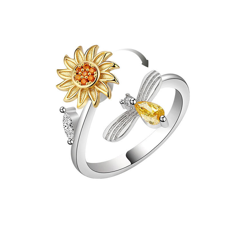 Jeulia Sunflower&Bee Rotating Soothe Sterling Silver Adjustable Open Ring