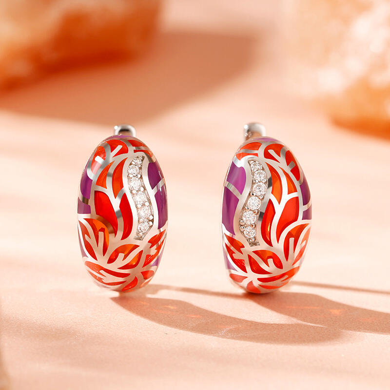 Jeulia "Flourishing Leaves" Multicolored Enamel Sterling Silver Hoop Earrings
