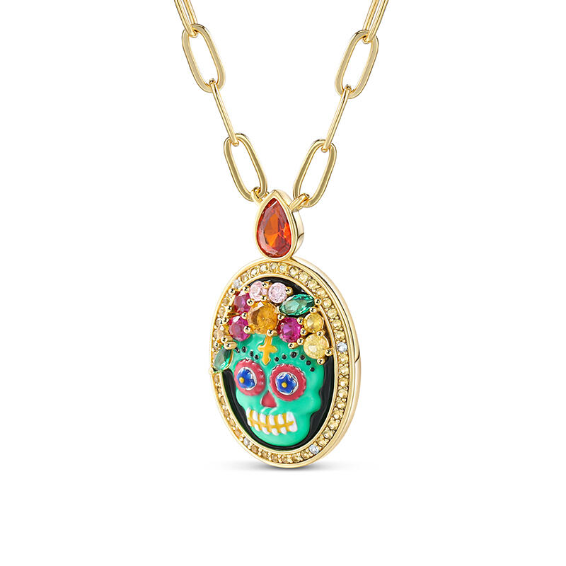 Jeulia "Sugar Bone" Skull Enamel Sterling Silver Necklace