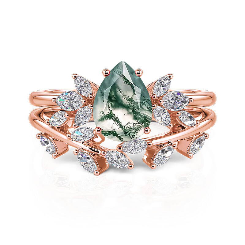 Jeulia Forest Deciduous Pear Cut Moss Agate Ring Set