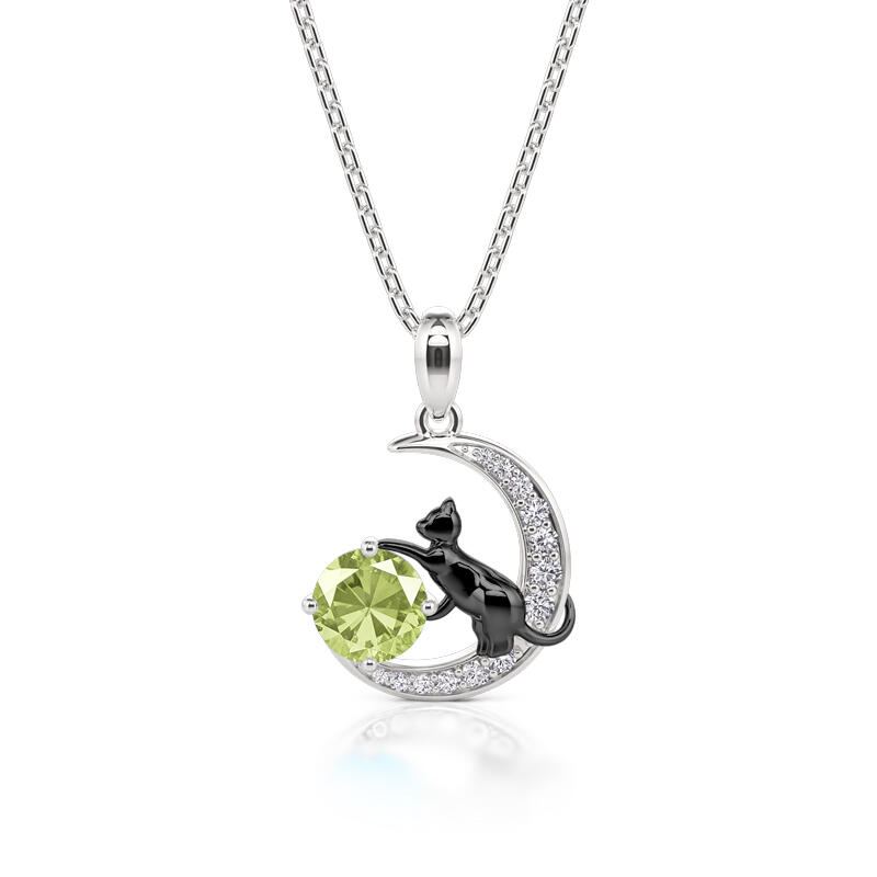 Jeulia Collar Personalizado con Gato Negro en la Luna con Piedra Natal de Plata Esterlina