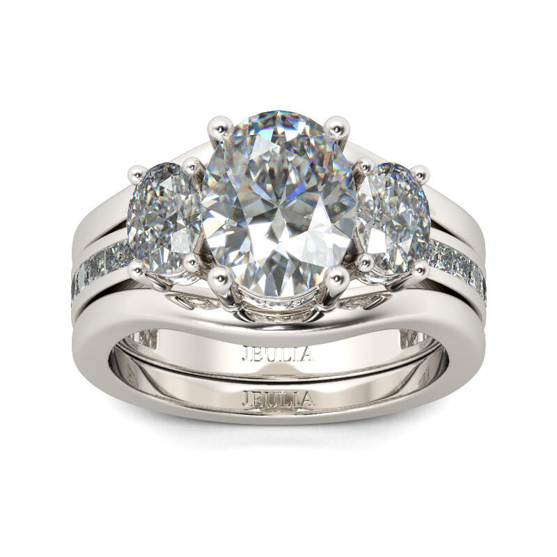 Jeulia Three Stone Oval Cut Sterling Silver Ring Set