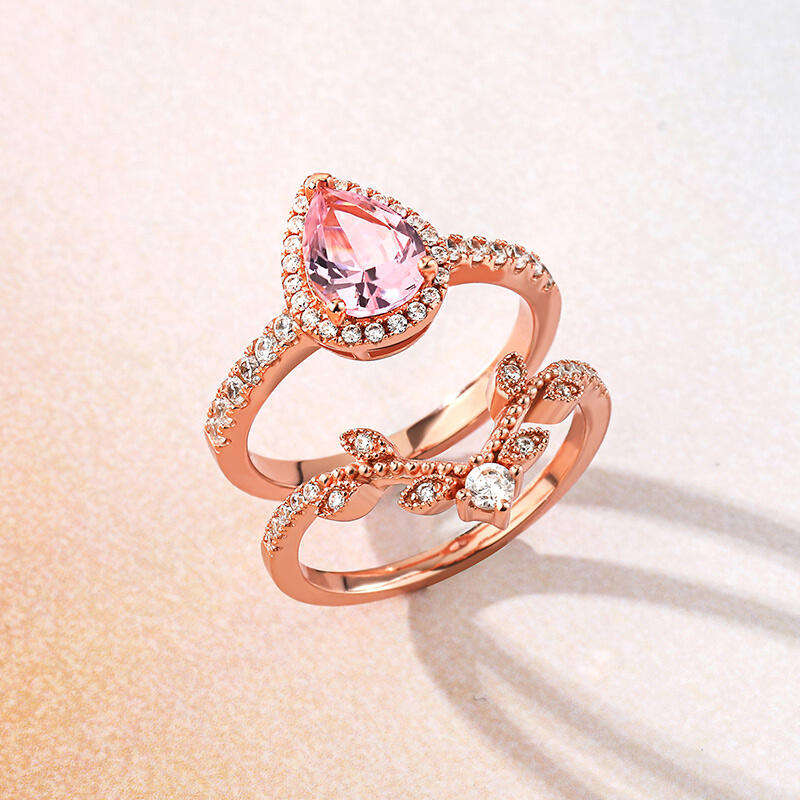 Jeulia Halo Pear Cut Synthetic Morganite Sterling Silver Ring Set