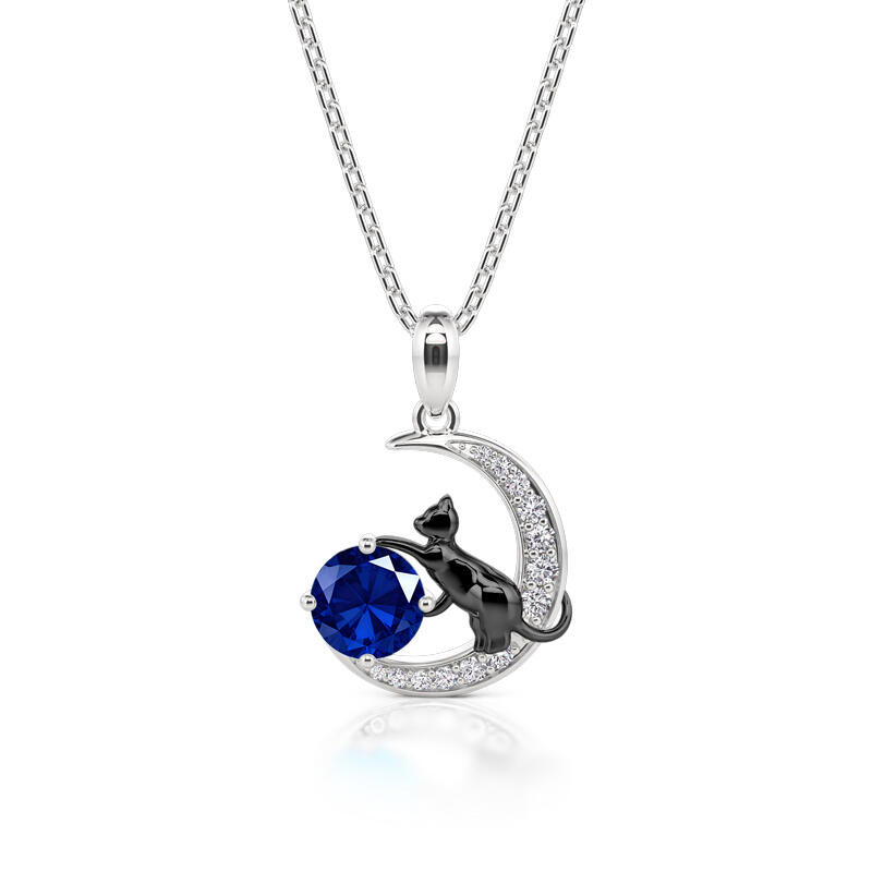 Jeulia Collar Personalizado con Gato Negro en la Luna con Piedra Natal de Plata Esterlina