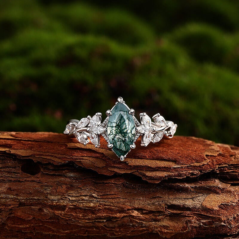 Jeulia Twist Marquise Cut Moss Agate Engagement Ring