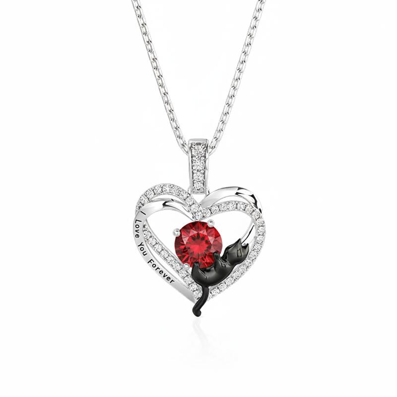 Jeulia Custom Black Cat Double Heart Necklace With Birthstone