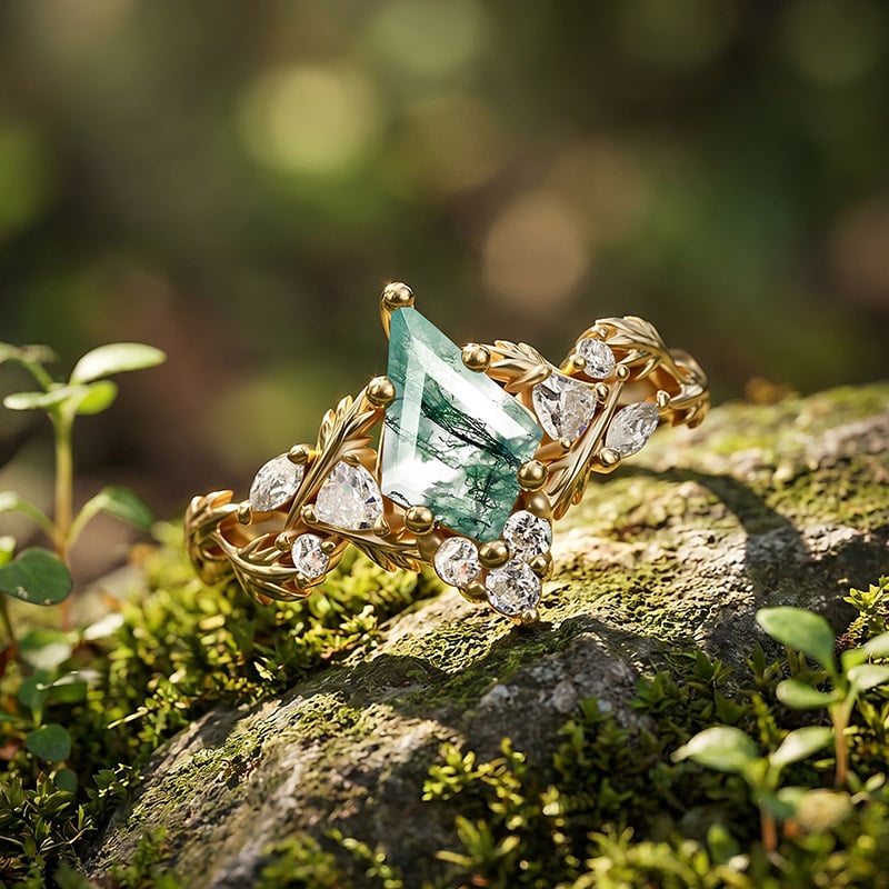 Kite Cut Moss Agate Engagement Ring
