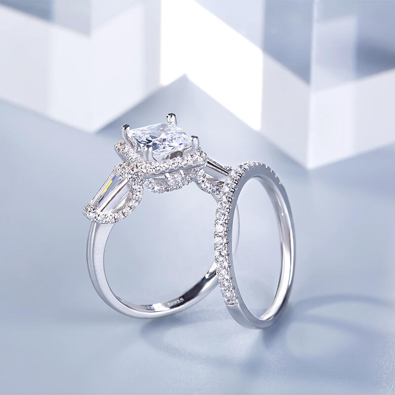 Jeulia Three Stone Halo Princess Cut Sterling Silver Ring Set