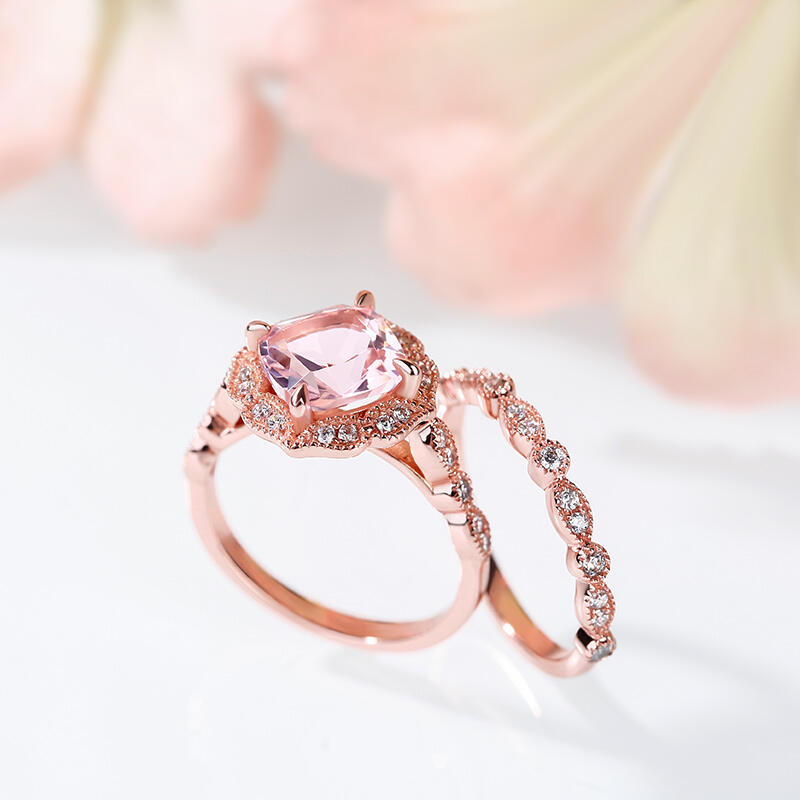Jeulia Floral Halo Cushion Cut Synthetic Morganite Sterling Silver Ring Set