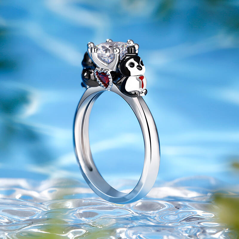 Jeulia Hug Me Pinguino Anello in Argento 925 Taglio Rotondo