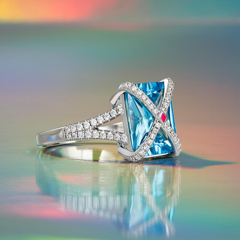 Jeulia Anillo de plata de ley piedra azul con corte de esmeralda