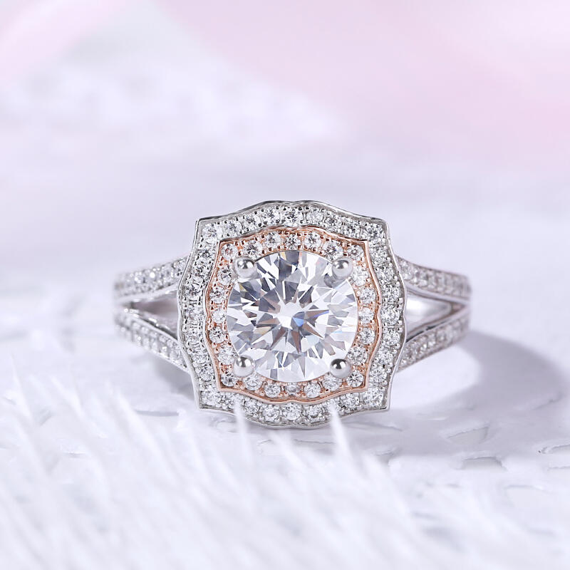 Jeulia Anillo de plata esterlina con halo redondo de dos tonos