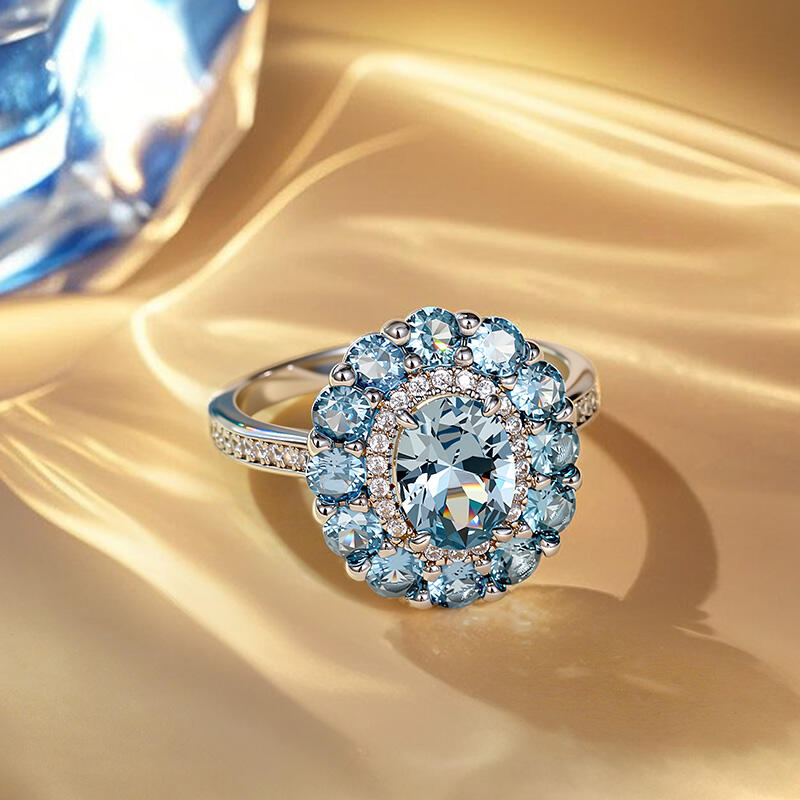 Jeulia Summer Seaside Halo Aquamarine Engagement Ring Sterling Silver