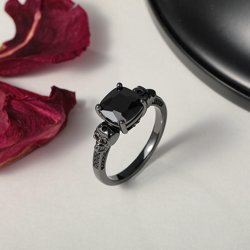 Jeulia "Eternal Love" Black Skull Cushion Cut Gothic Sterling Silver Ring