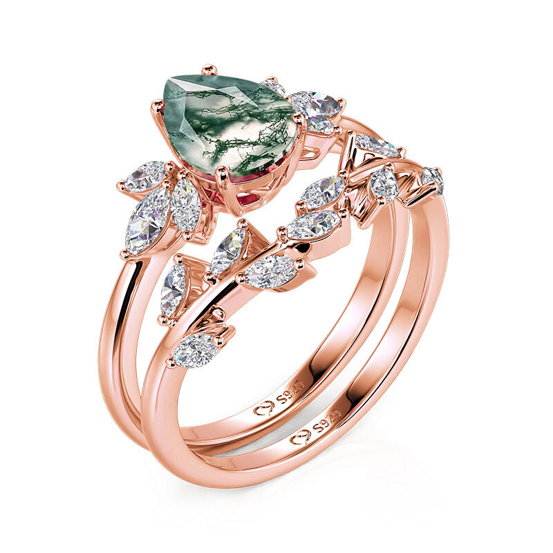 Jeulia Forest Deciduous Pear Cut Moss Agate Ring Set