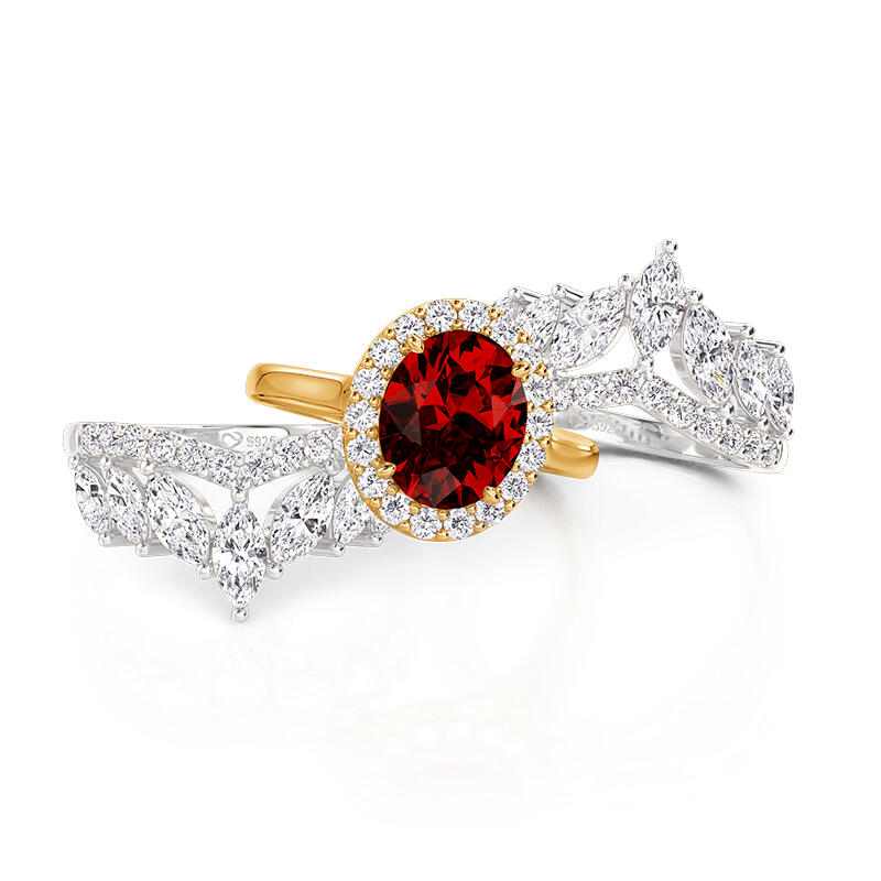 Jeulia Gorgeous Halo Oval Cut Red Stone Ring Set 3PCS