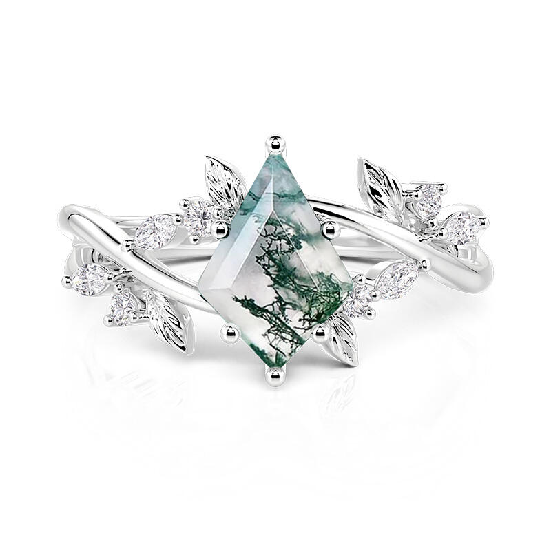 Jeulia Leaf Kite Cut Moss Agate Engagement Ring
