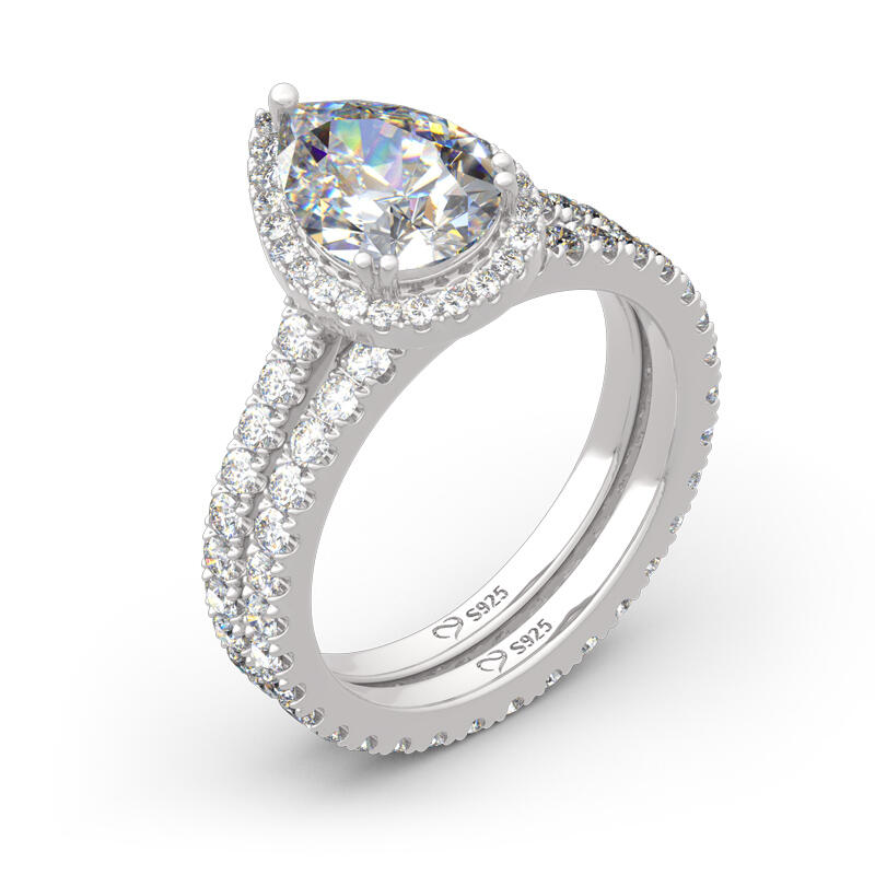 Jeulia Conjunto De Anillos De Eternidad De Plata Esterlina Con Talla Pirifoeme Con Halo