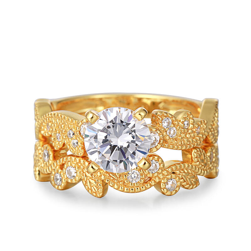 Jeulia Leaf-shaped Design Round Cut Sterling Silver Ring Set