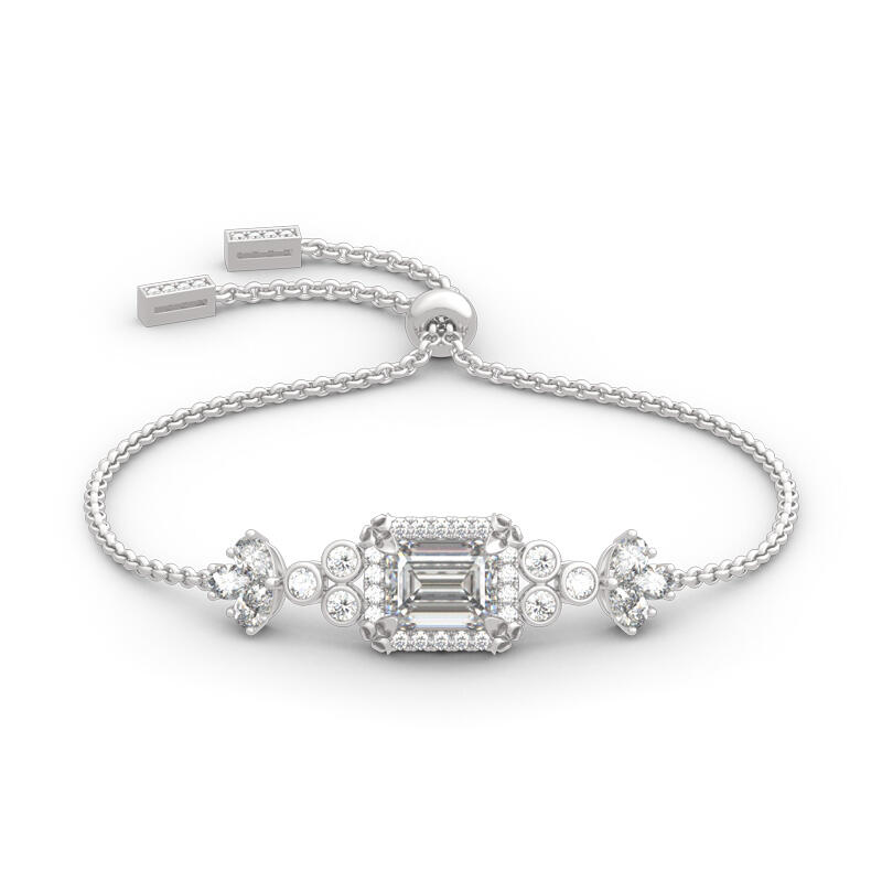 Jeulia Vintage Flower Halo Emerald Cut Sterling Silver Bolo Bracelet