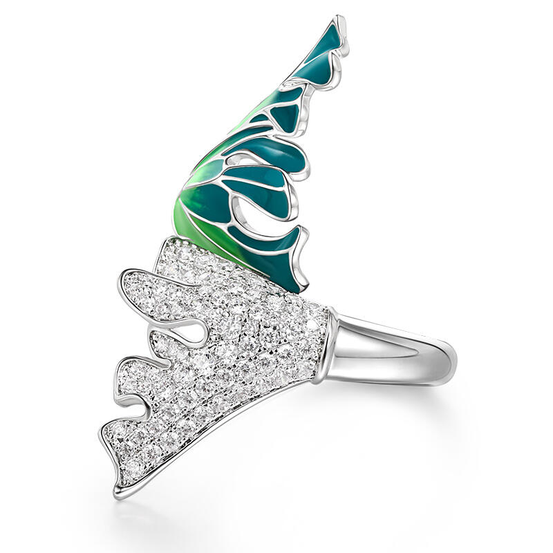 Jeulia "Enduring Beauty" Two Big Leaf Enamel Sterling Silver Ring