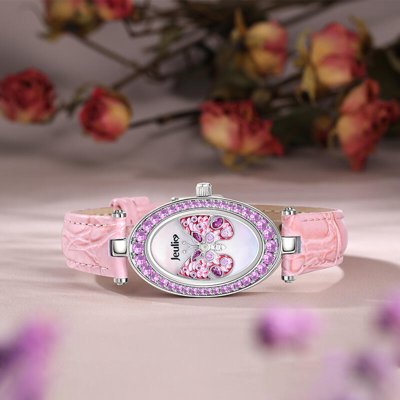 Jeulia "Fluttering Moment" Butterfly Quartz Pink Leather Watch with Mother of Pearl Dial