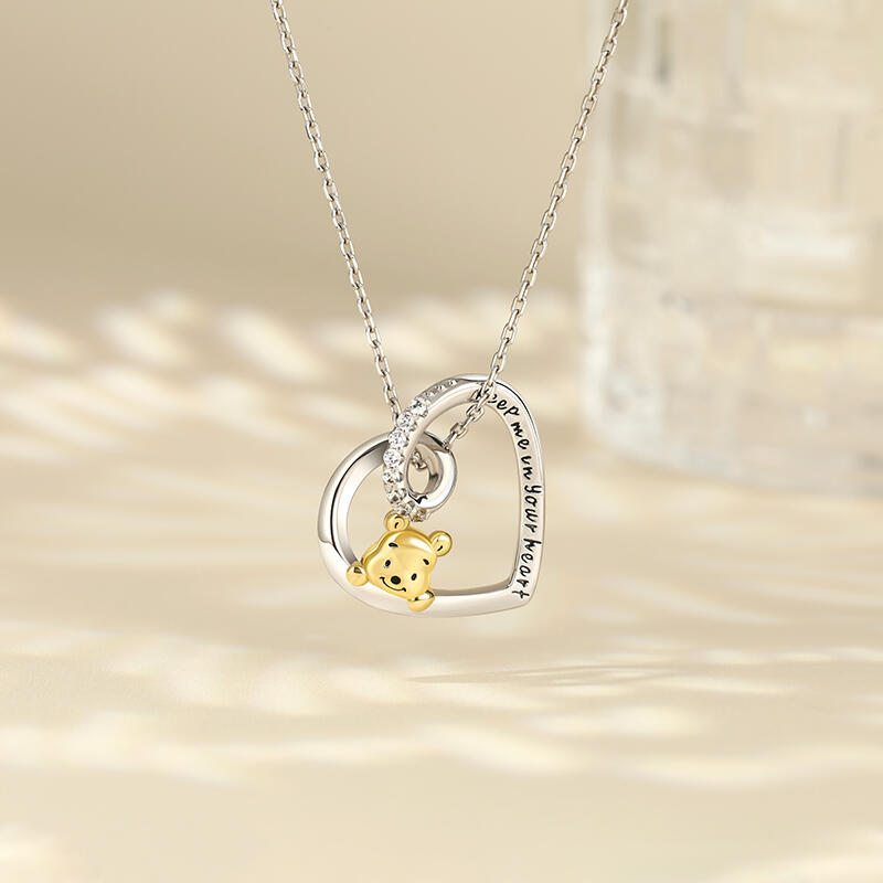 Jeulia Heart Design Cartoon Bear Sterling Silver Engraved Necklace