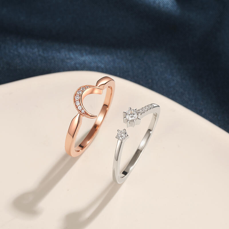 Jeulia Moon and Star Two Tone Puzzle Ring Set Sterling Silver