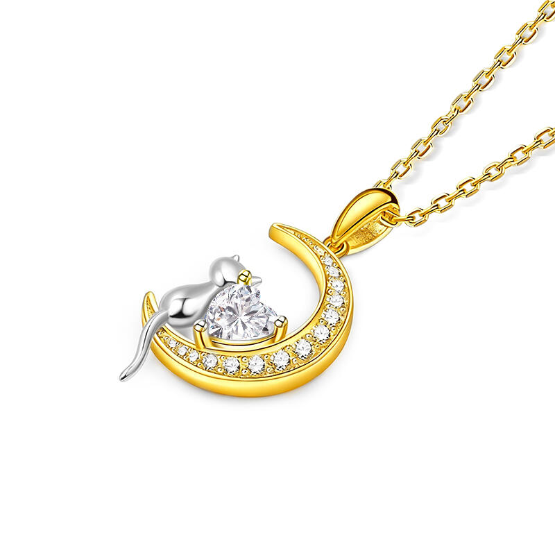 Jeulia ゴールデン 月と猫 ネックレス スターリングシルバー