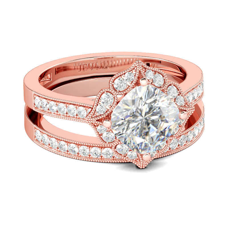 Jeulia Conjunto De Anillos De Plata De Ley Con Corte De Cojín Milgrain Vintage