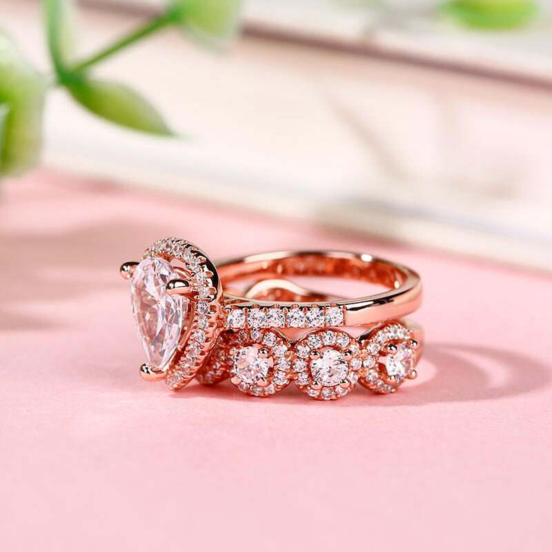 Jeulia Halo Pear Cut Sterling Silver Ring Set