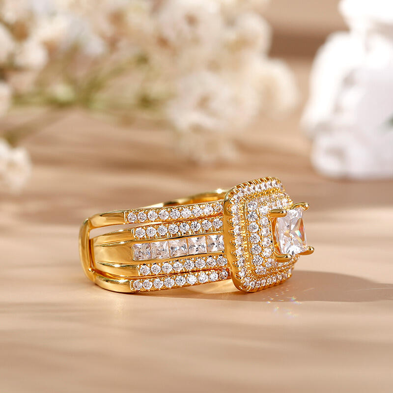 Jeulia tre halo Princess Cut Sterling Silver Enhancer Ring Set