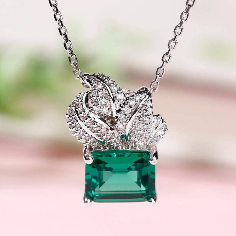 Jeulia Leaf Design Emerald Cut Sterling Silver Necklace