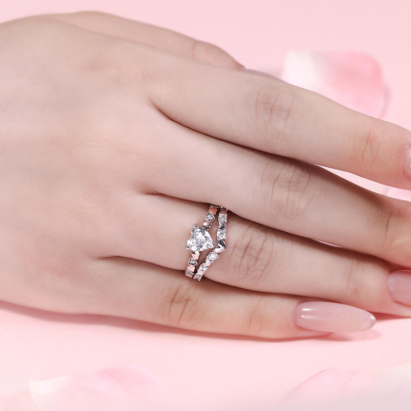 Jeulia Heart Shank Heart Cut Two Tone Sterling Silver Ring Set
