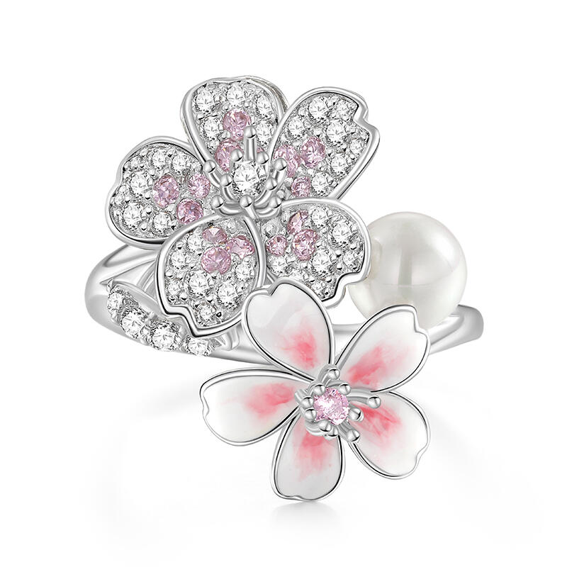 Jeulia Cherry Blossoms Gradient Pink Enamel Ring with Pearl