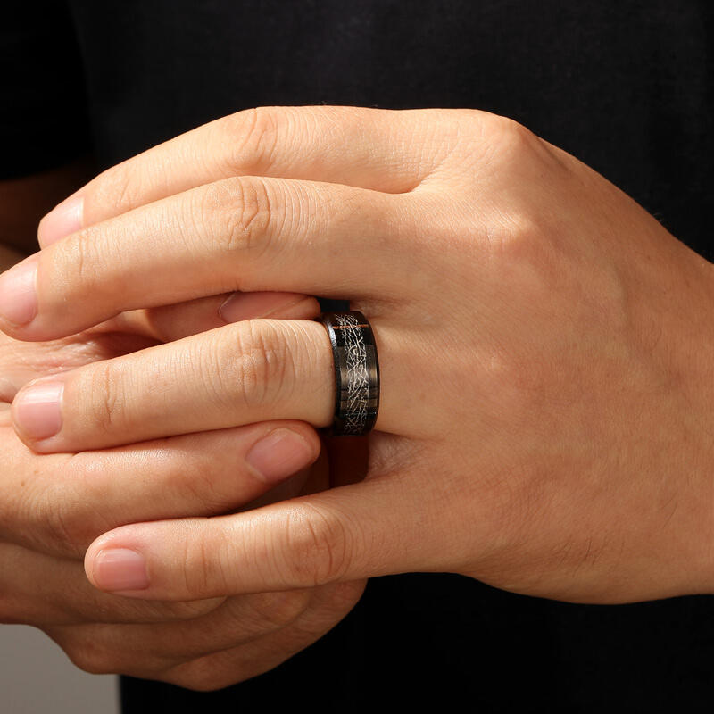Jeulia Anillo de Tungsteno Negro con Patrón de Meteorito para Hombres