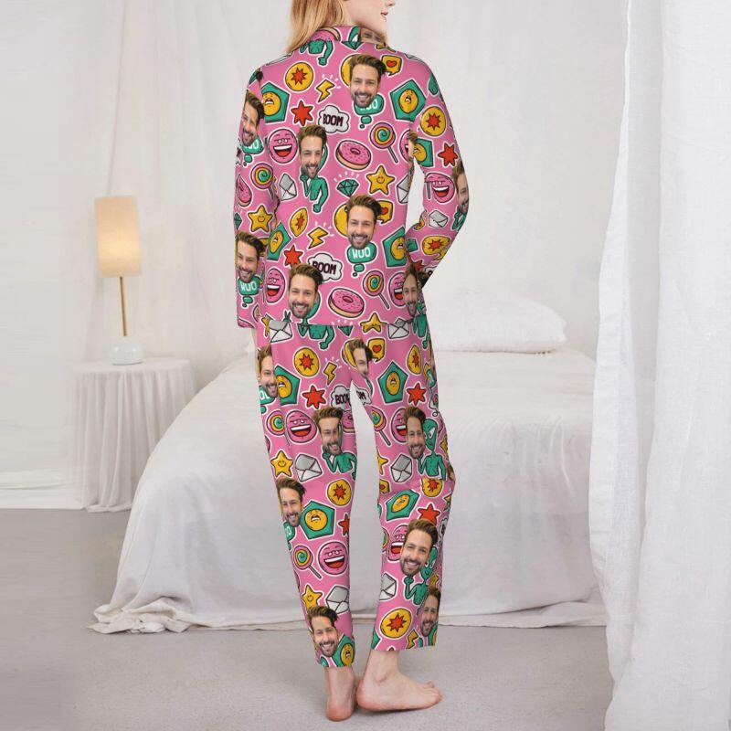 Personalized Pajamas Custom Photo Alien Donut Funny Cartoon Pattern Design Gift for Family Members