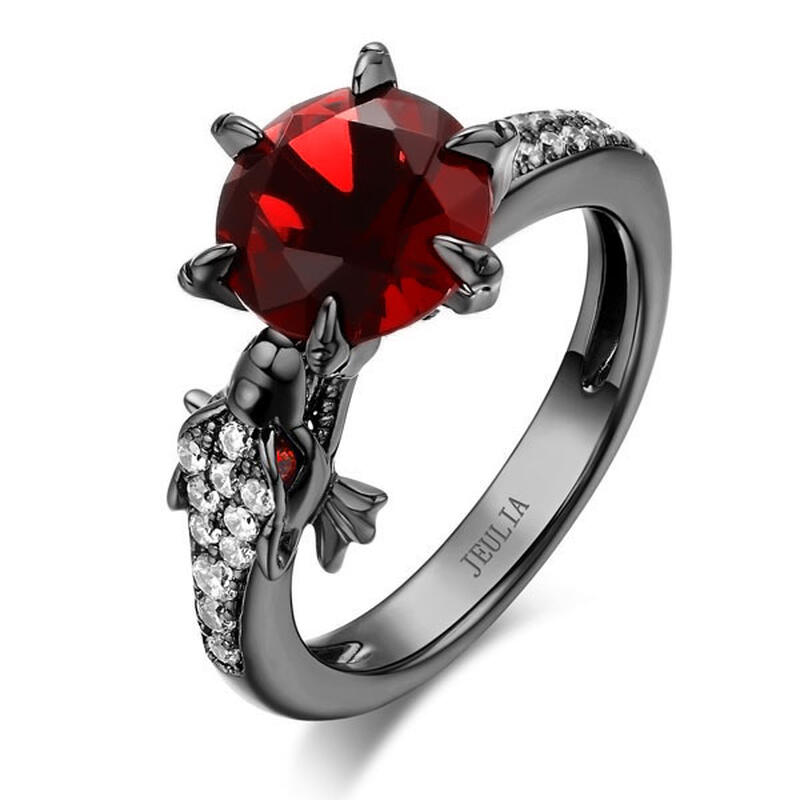 Jeulia Anillo De Dragón De Plata Con Color Negro En Talla De Redonda Con Piedra Roja