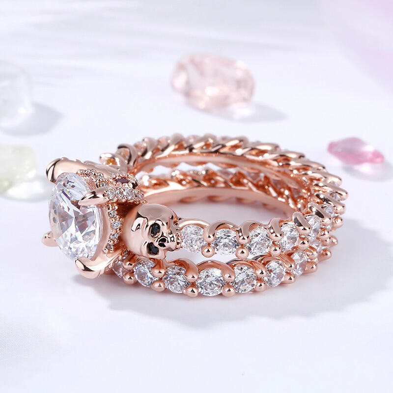 Jeulia Eternity Round Cut Sterling Silver Skull Ring Set