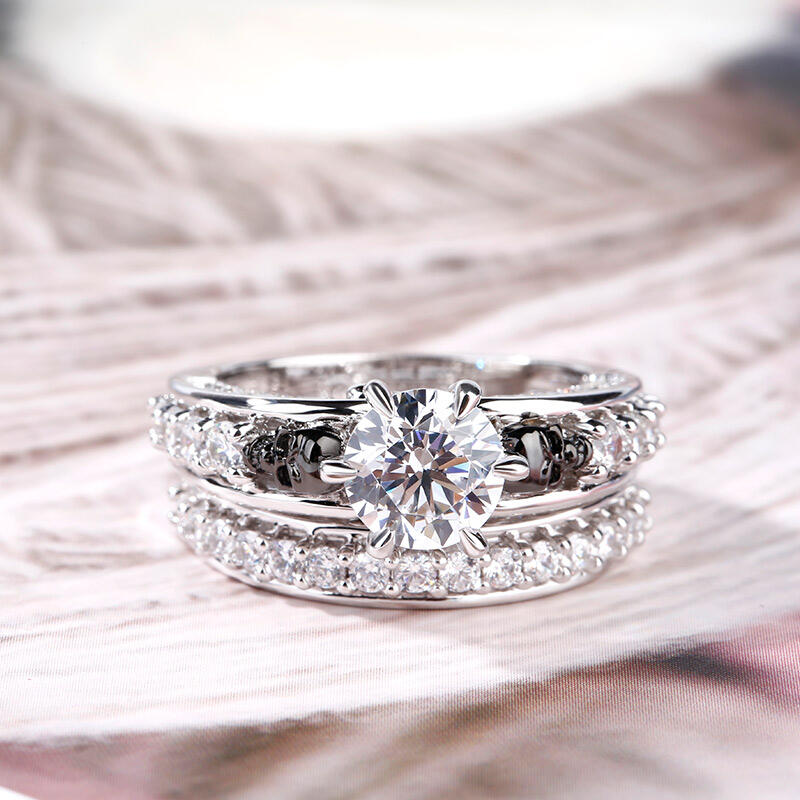 Jeulia Two Tone Round Cut Sterling Silver Skull Ring Set