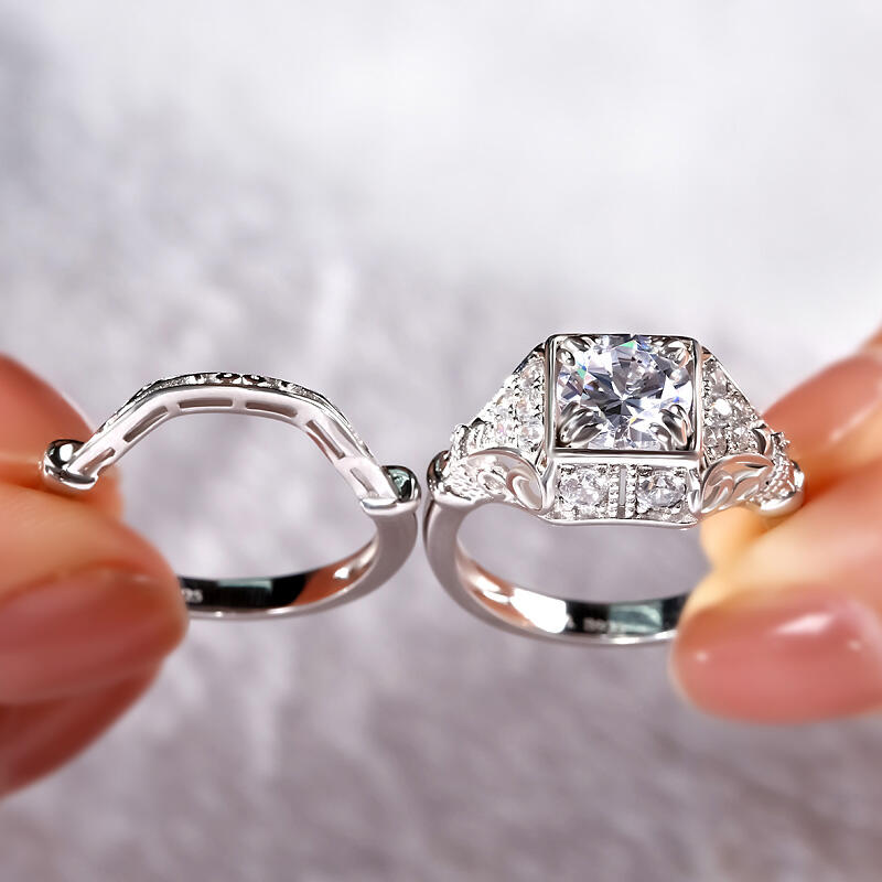 Jeulia Vintage Milgrain Round Cut Sterling Silver Ring Set