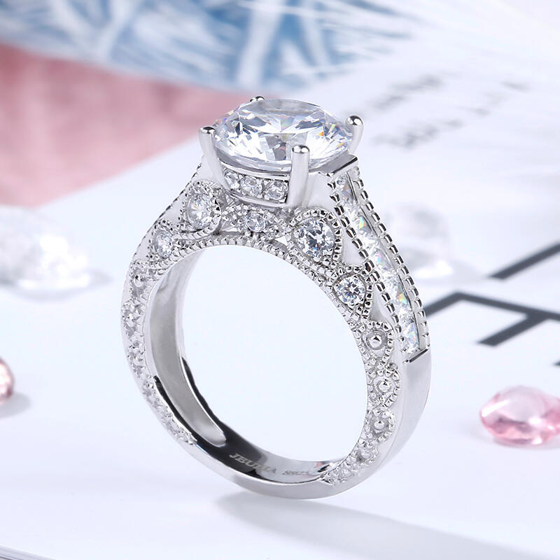 Jeulia Vintage Three Side Pave Round Cut Sterling Silver Ring