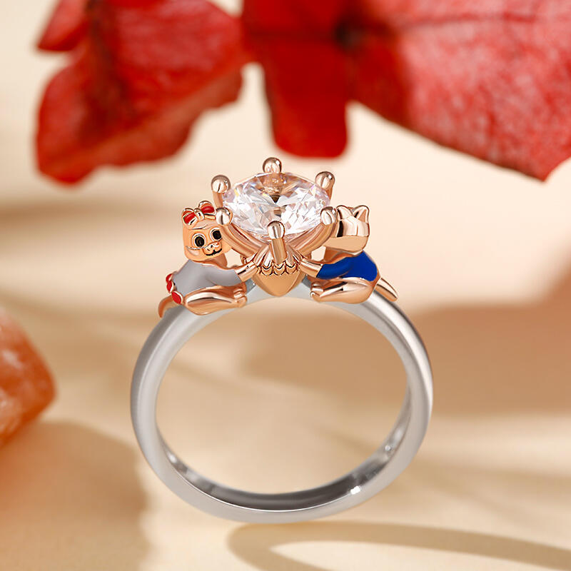 Jeulia Hug Me "Happiness Is a Warm Hug" Chipmunk Couple Sterling Silver Ring