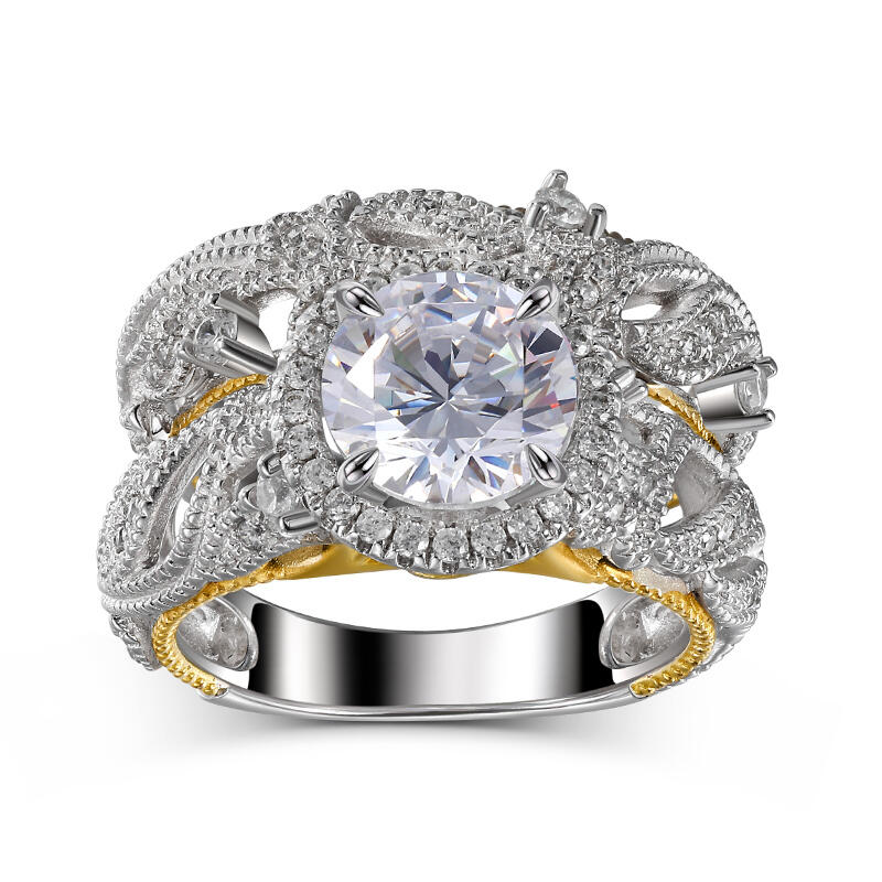 Jeulia Ensemble de Bague Halo en Argent Sterling avec Motif Feuille Coupe Ronde