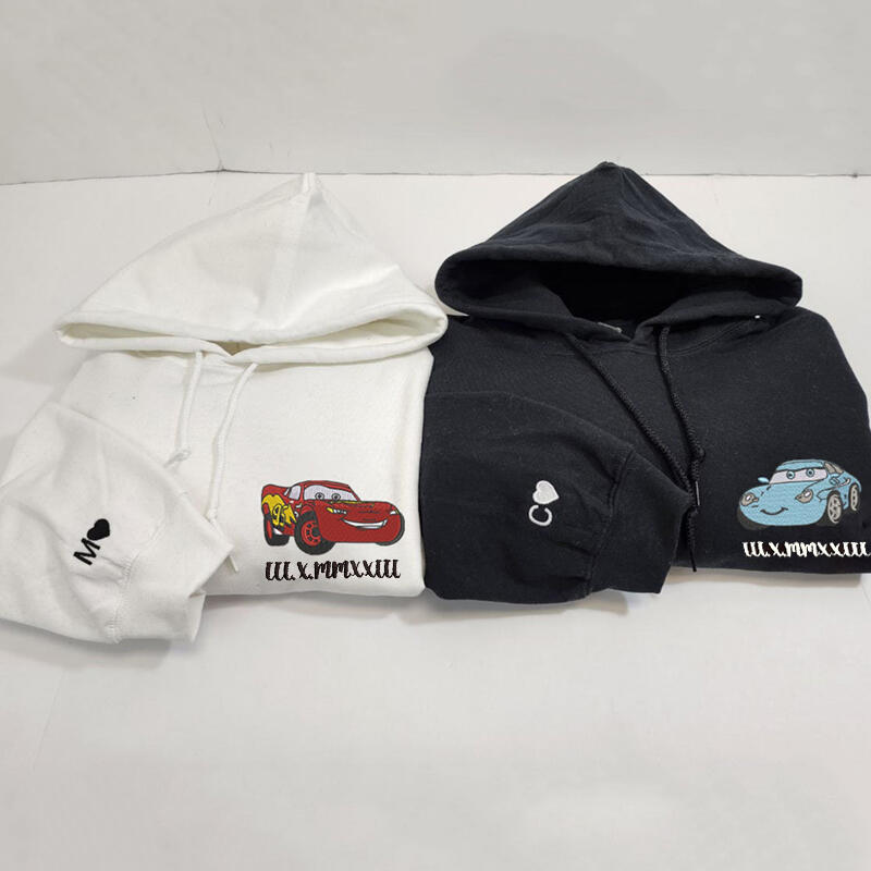 Personalized Hoodie Embroidered Cars Mcqueen and Sally with Custom Roman Numeral Date for Couple's Anniversary