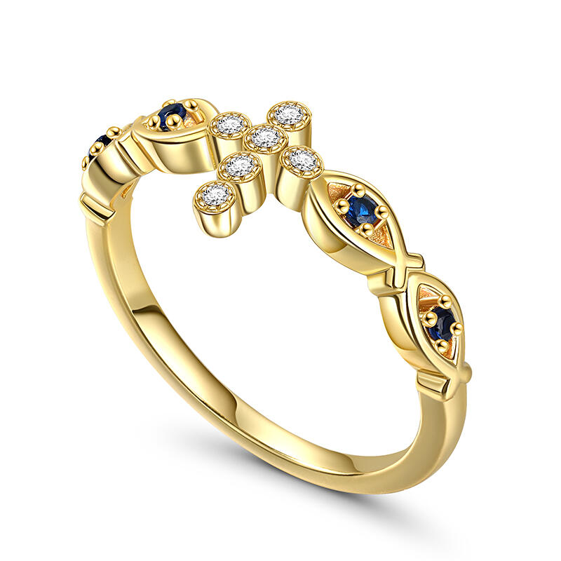 Jeulia Golden Fish & Cross Design Sterling Silver Ring