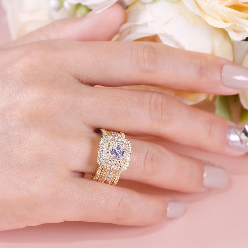 Jeulia tre halo Princess Cut Sterling Silver Enhancer Ring Set
